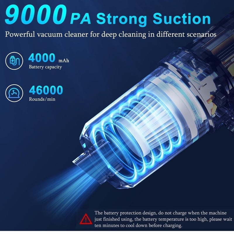 مكنسة كهربائية محمولة للسيارة ، 9000 باسكال مكنسة كهربائية ومنفضة هواء ، 120 واط عالية الطاقة باليد فراغ مع مصباح ليد وفوهات متعددة للسيارة ، المنزل ، المكتب ، الحيوانات الأليفة - Image 3